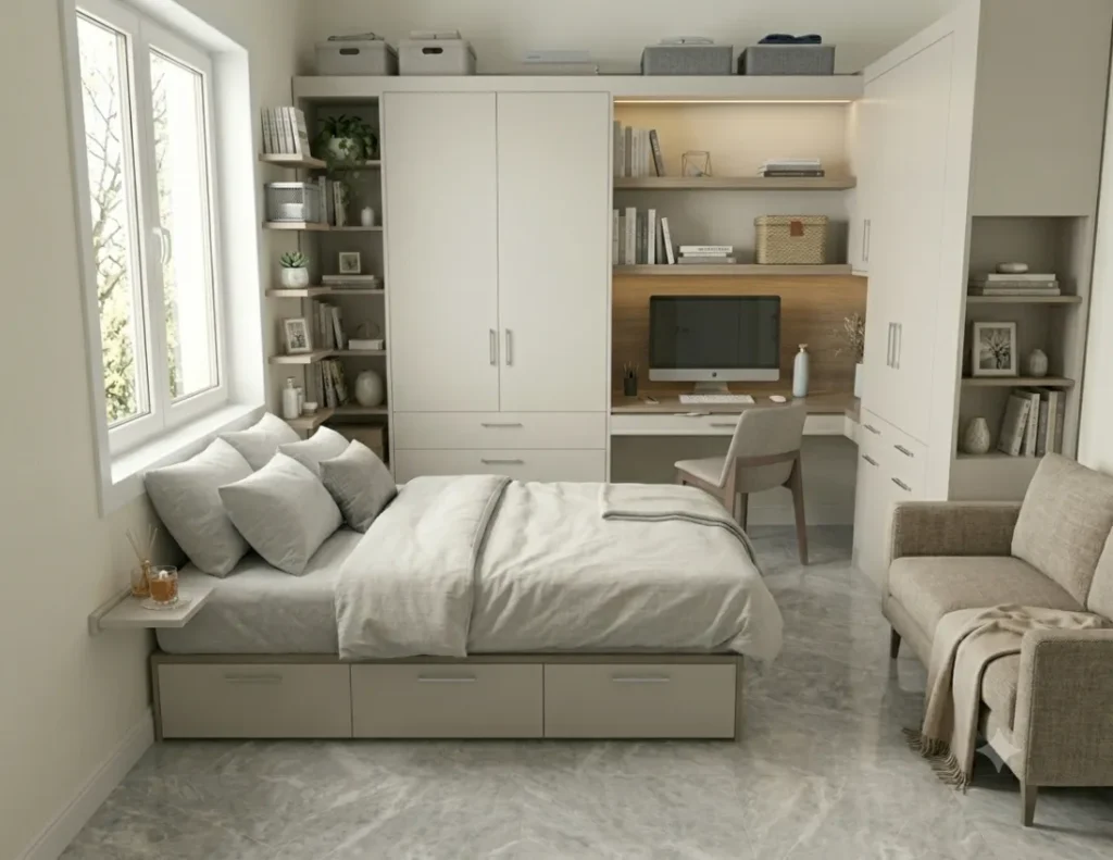 Small bedroom with a storage bed, integrated desk and wardrobe unit, wall shelves, and a compact sofa