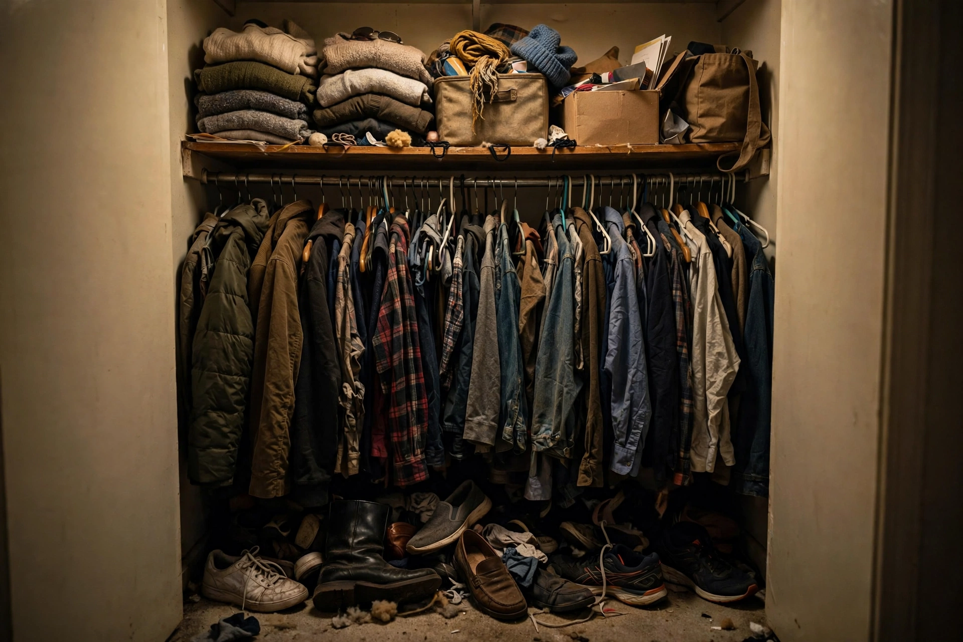 Cluttered reach-in closet before the $0 makeover
