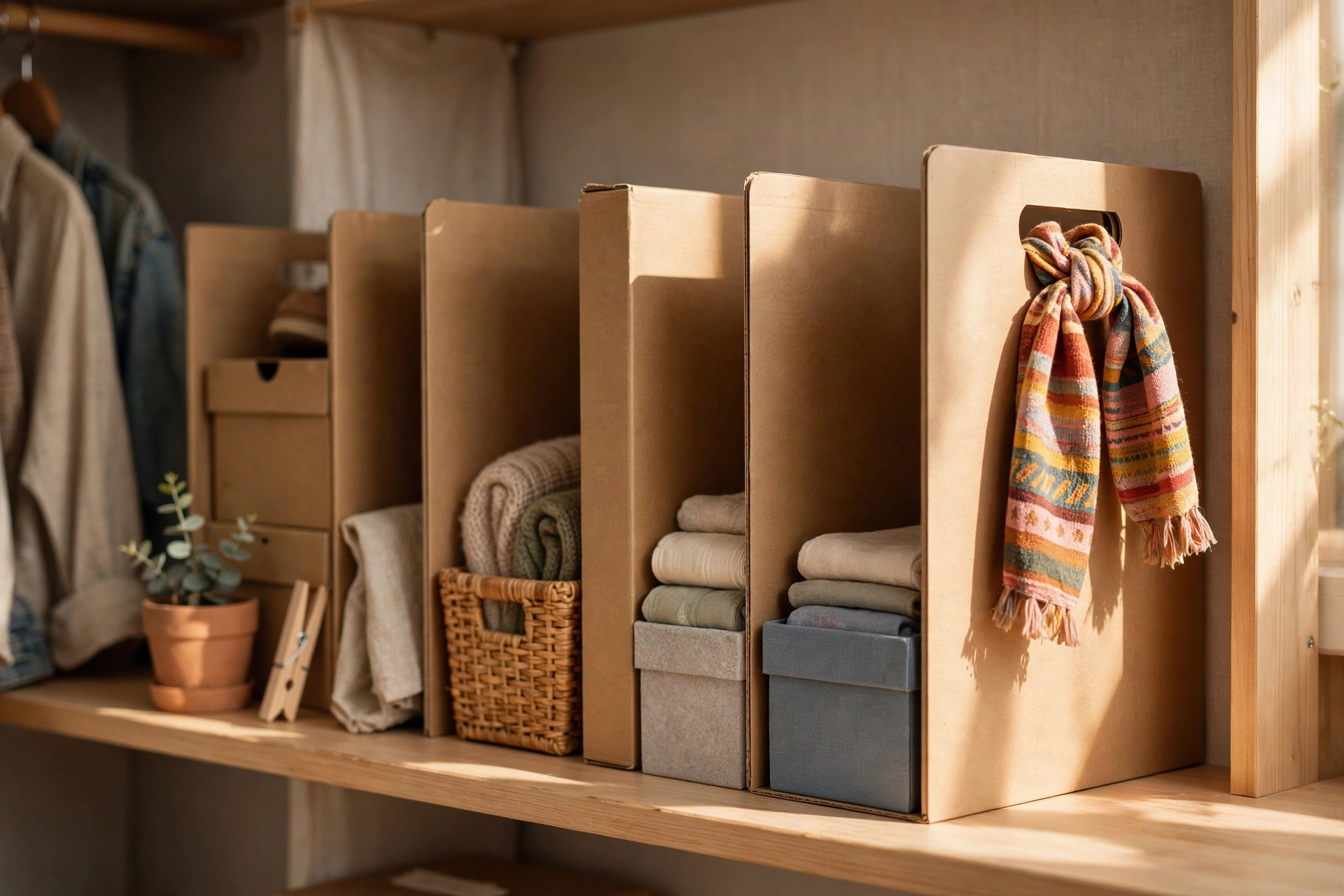 Closet shelf organized with shoe boxes as dividers and scarf labels