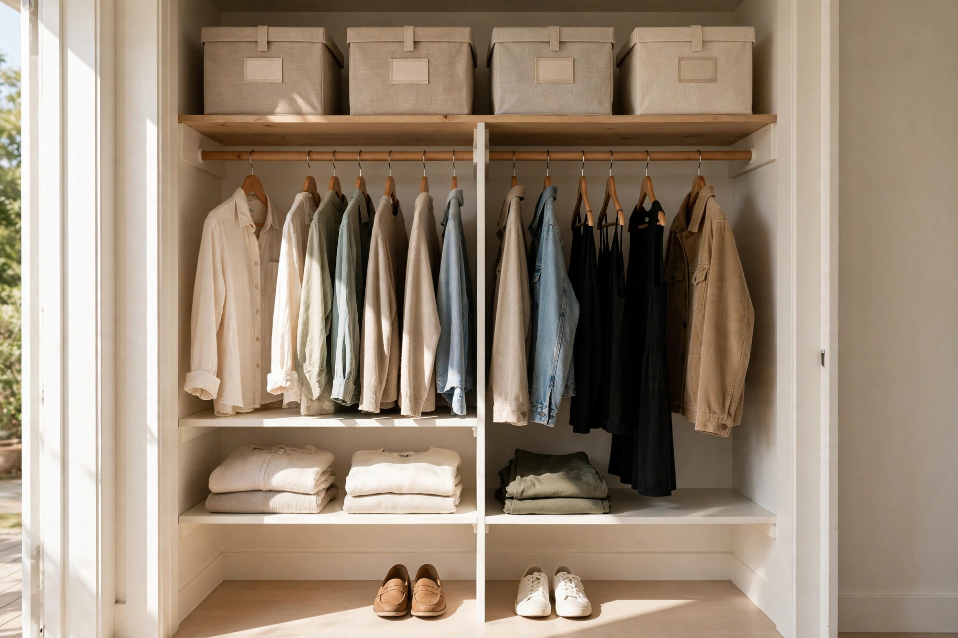 Tidy organized reach-in closet after the $0 makeover