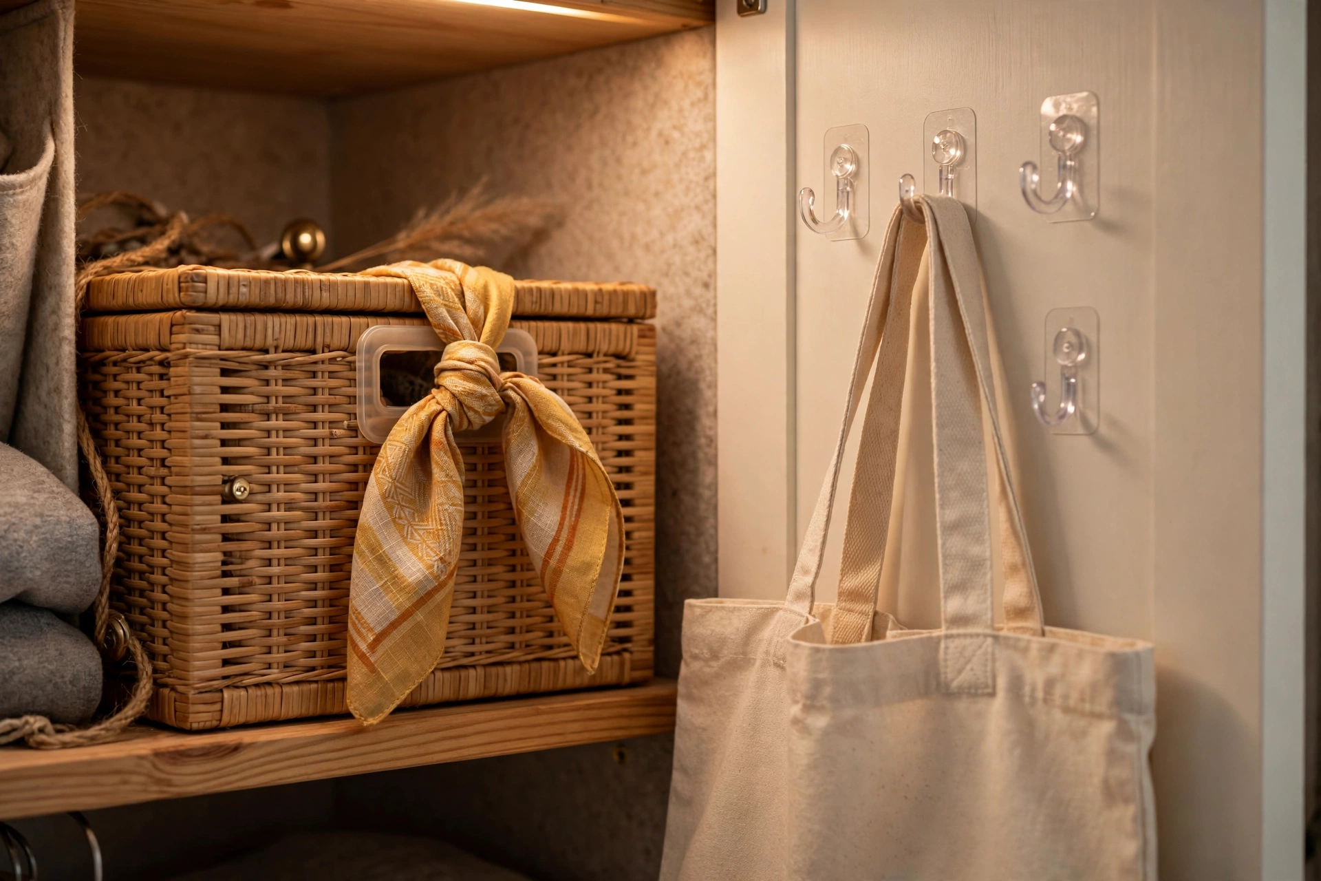 Scarf tied as a label on a storage box and adhesive hooks holding a tote bag