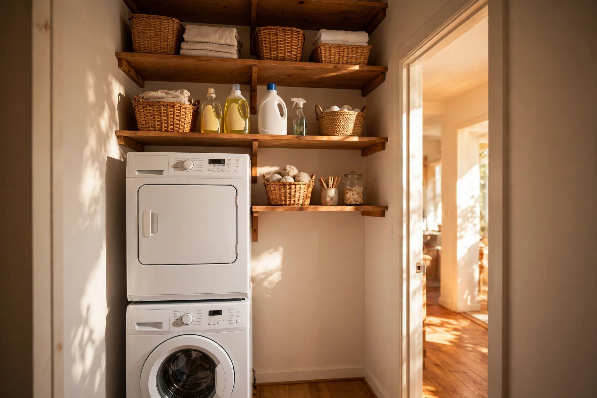 Stacked washer and dryer in a small sunlit laundry closet with wooden shelves and woven baskets