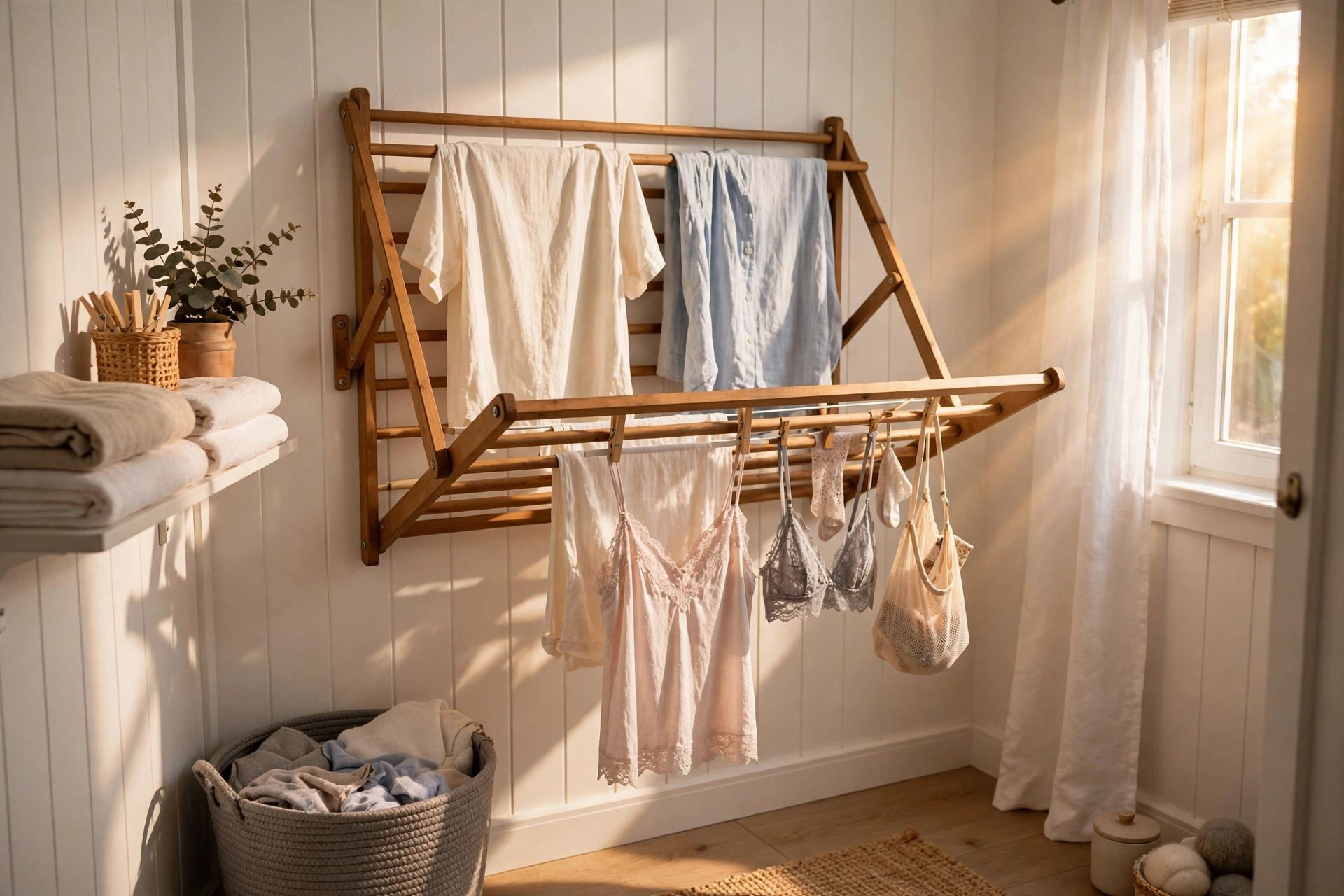Wall-mounted fold-down wooden drying rack with shirts in a bright small laundry room