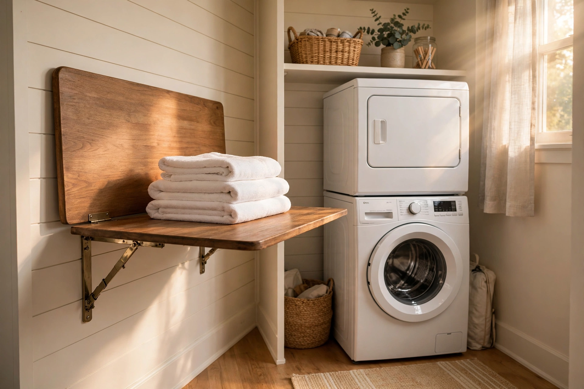 Wall-mounted drop-leaf folding table with folded towels beside stacked laundry machines
