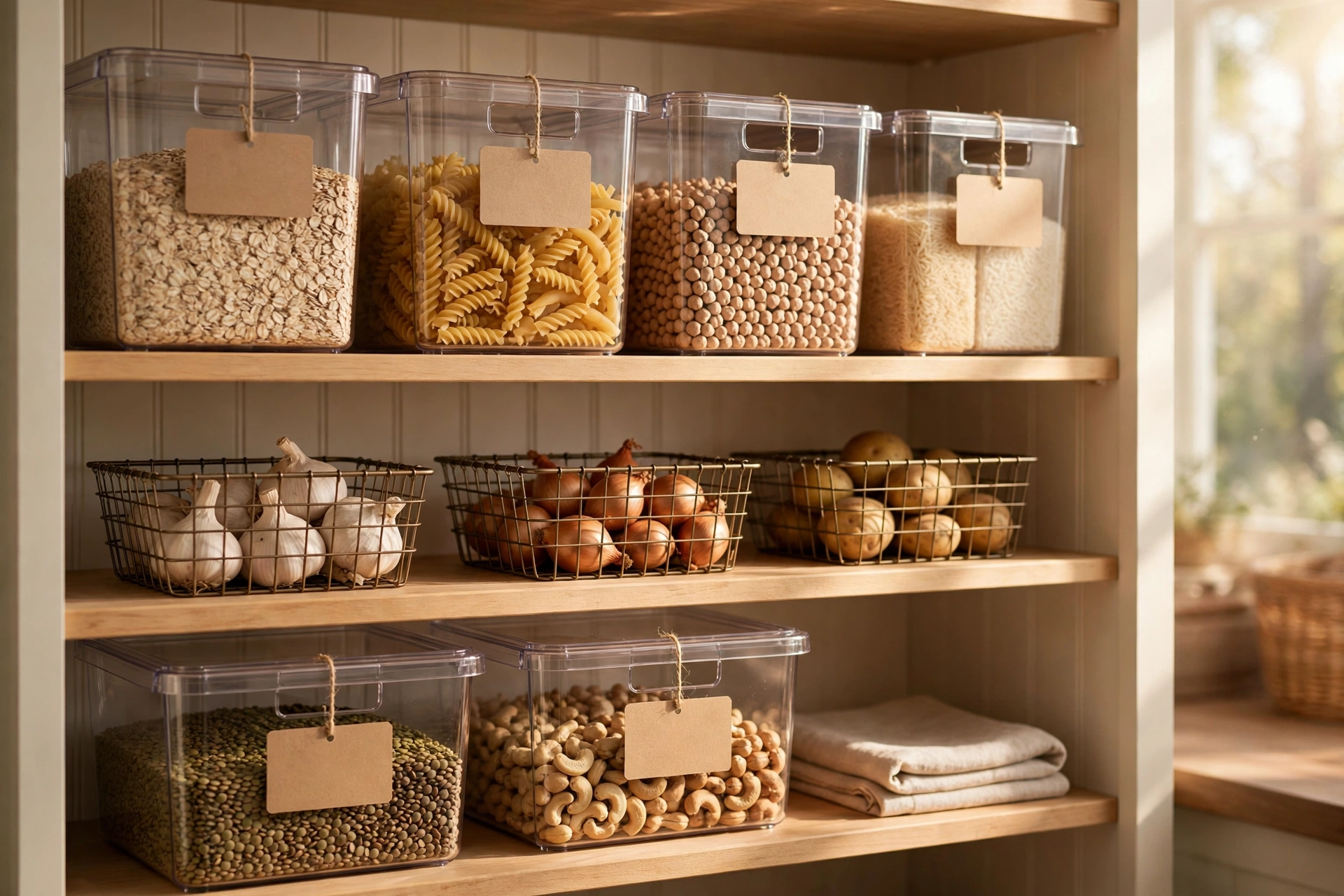 Sunlit pantry shelf with labeled Dollar Tree bins and wire baskets