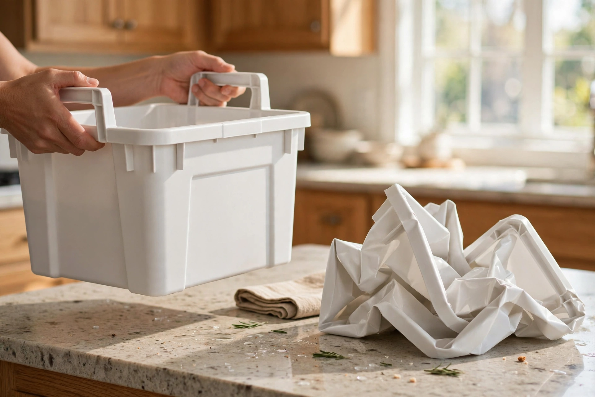 Sturdy Dollar Tree storage bin compared with a flimsy collapsed bin