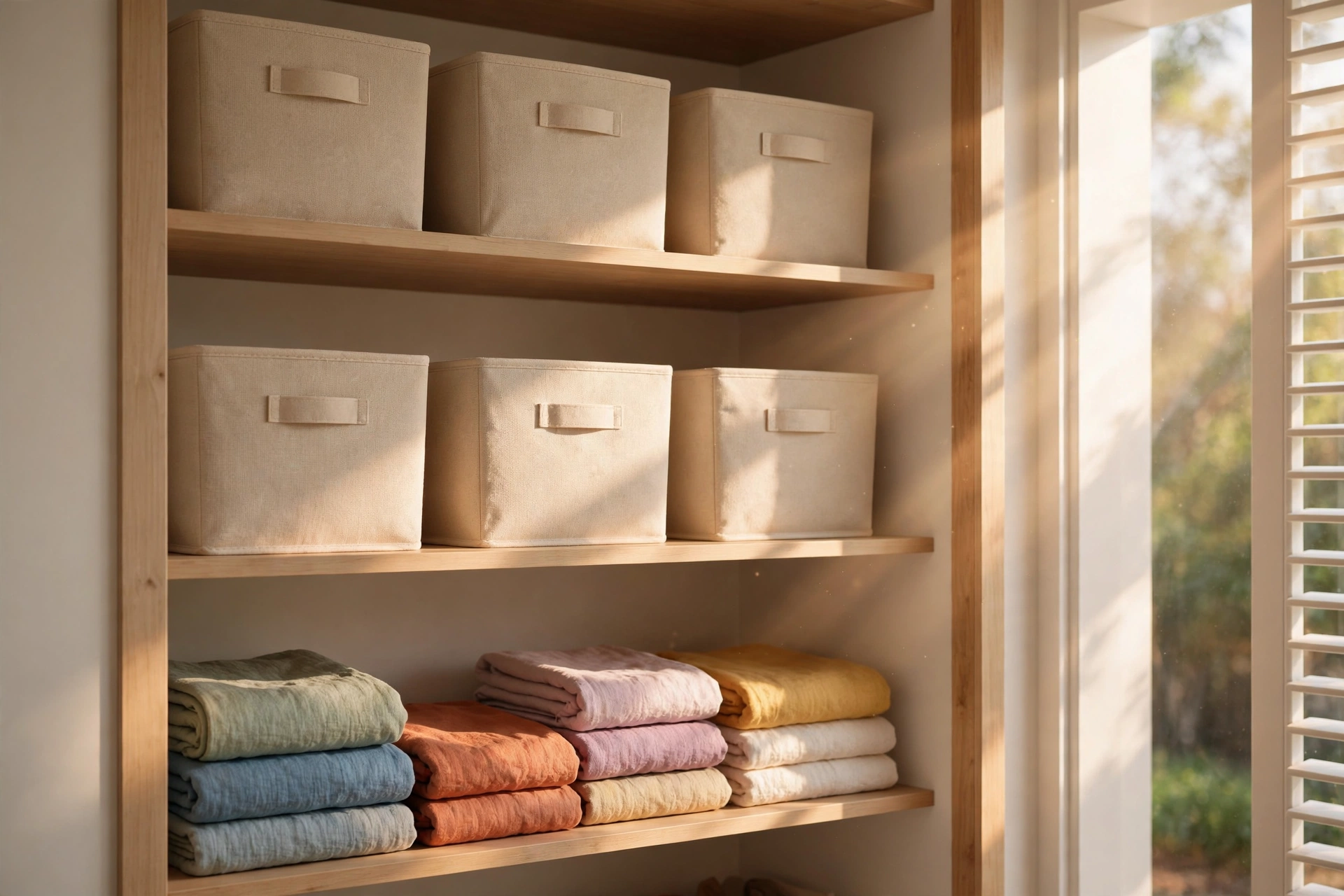 Tidy closet with matching fabric bins and folded linens