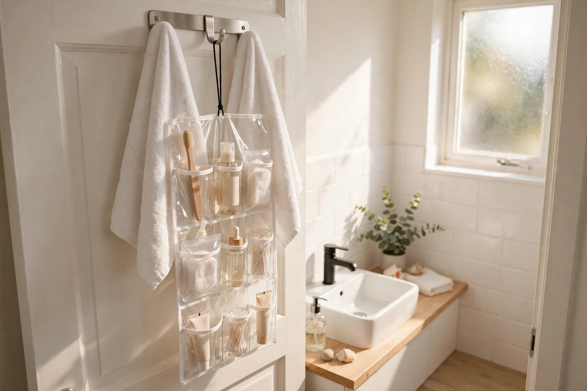 Bathroom with over-the-door hook and hanging pocket organizer