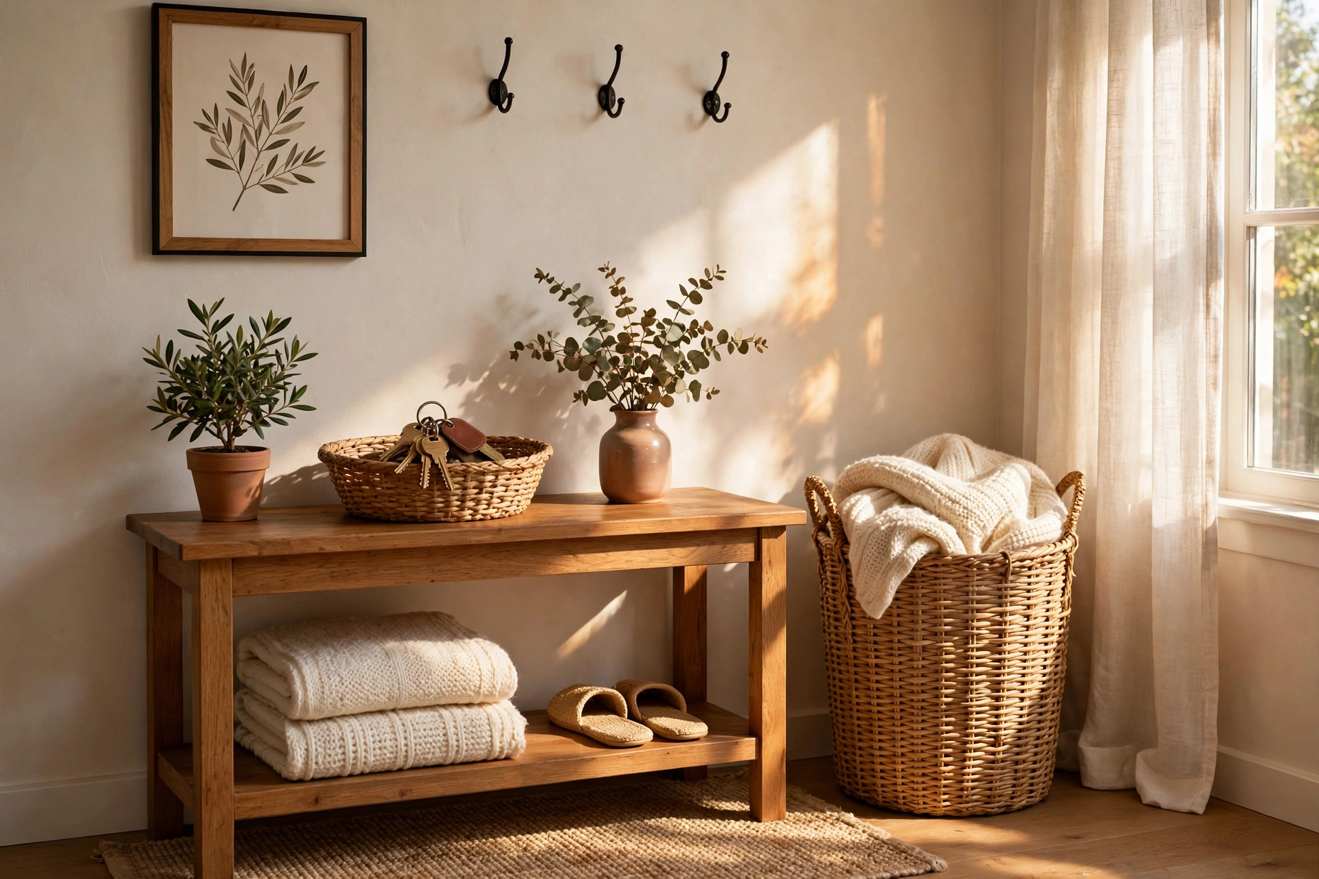 Organized entryway with woven basket catchall and tall basket